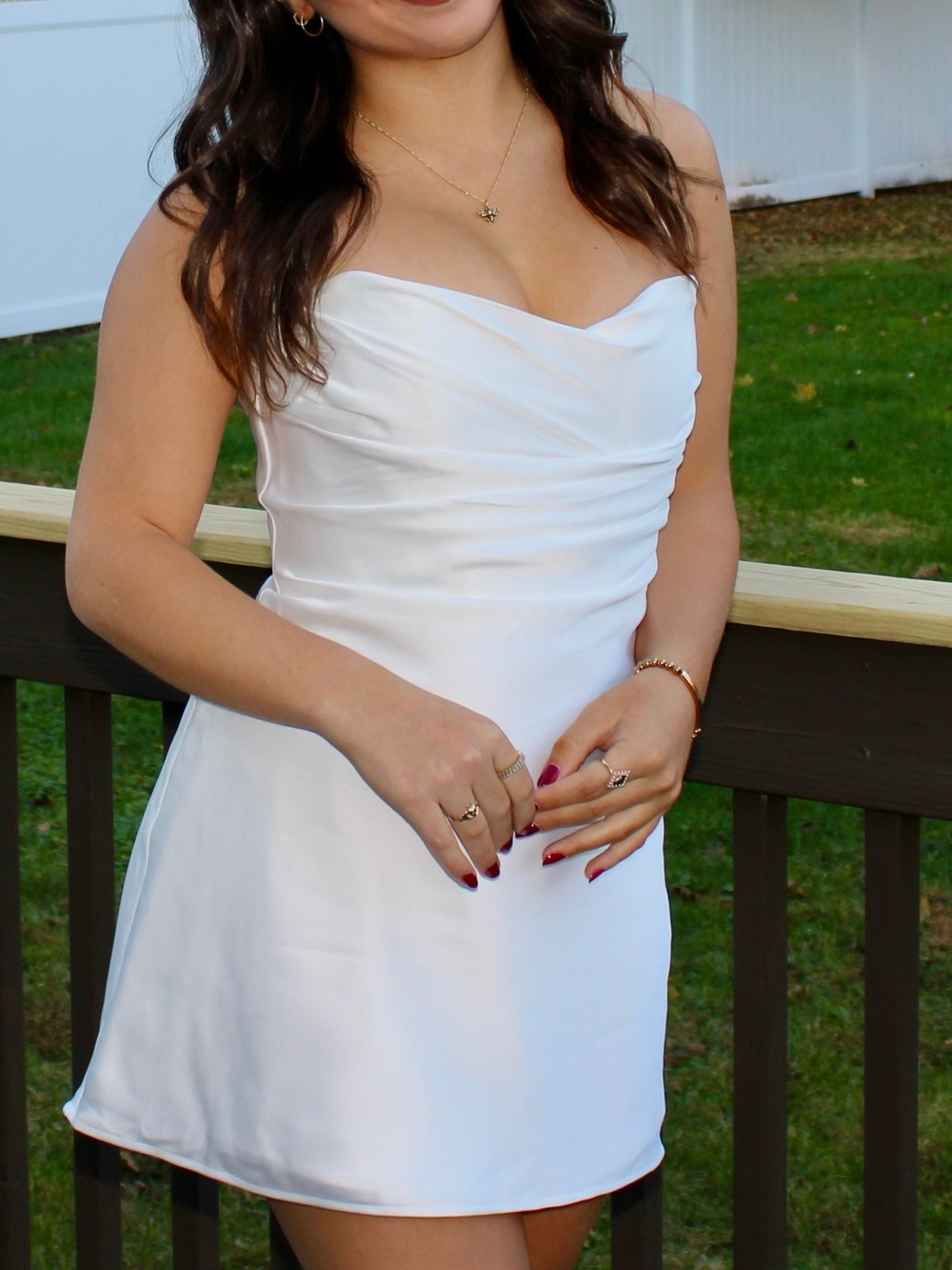 Meshki White Strapless Mini Dress with Draped Bodice